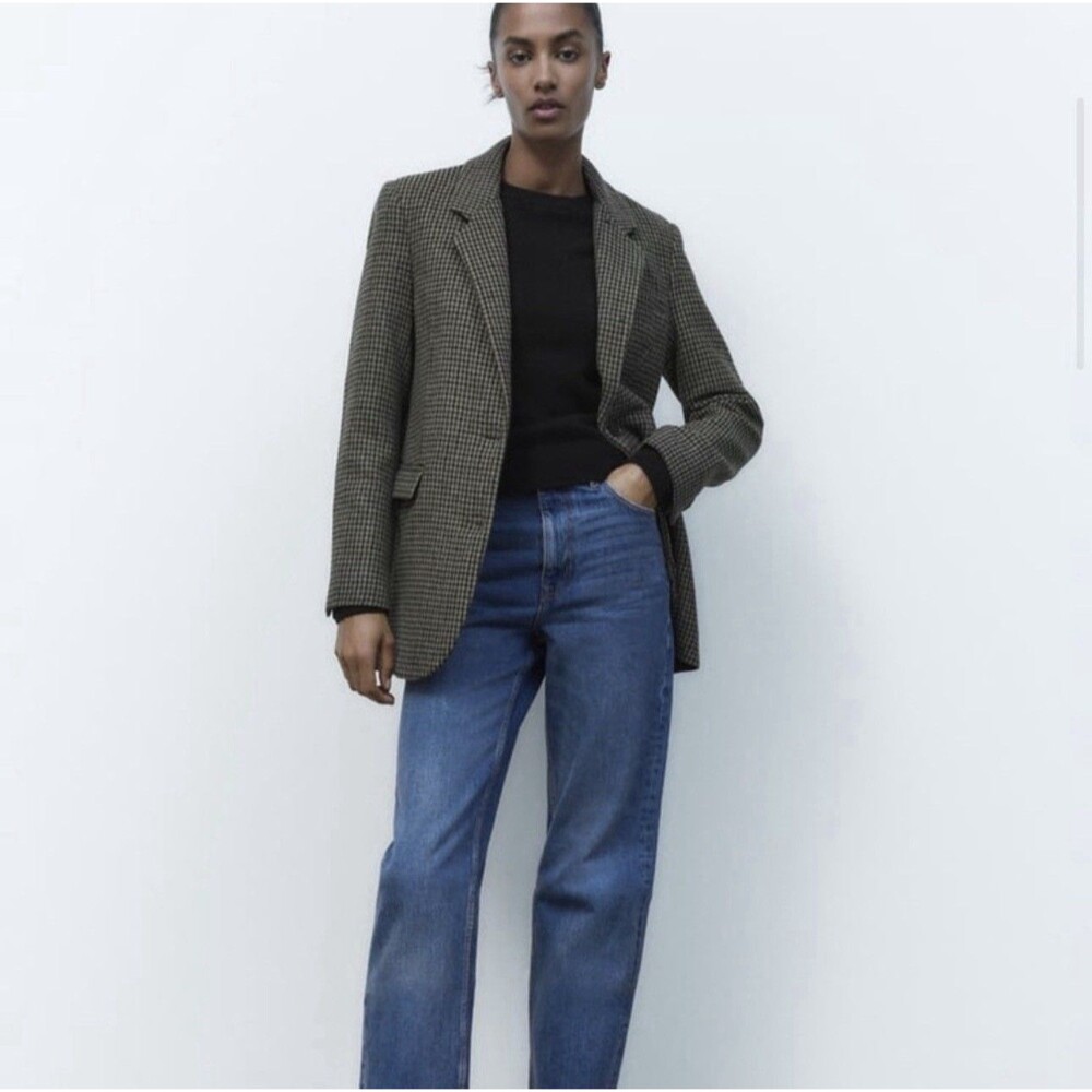 NEW ZARA WOMAN WOOL BLEND PLAID BLAZER CHECK TAUPE BROWN 2753/242 SMALL